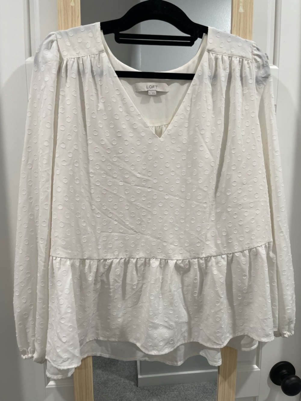 LOFT White Swiss Dot Peplum V-Neck Blouse